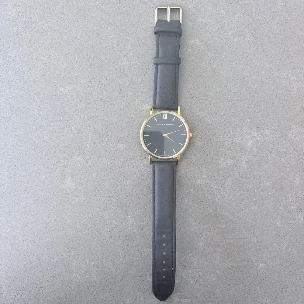 Larsson & Jennings Swiss Made Gold Black Leather Watch 5ATM needs battery